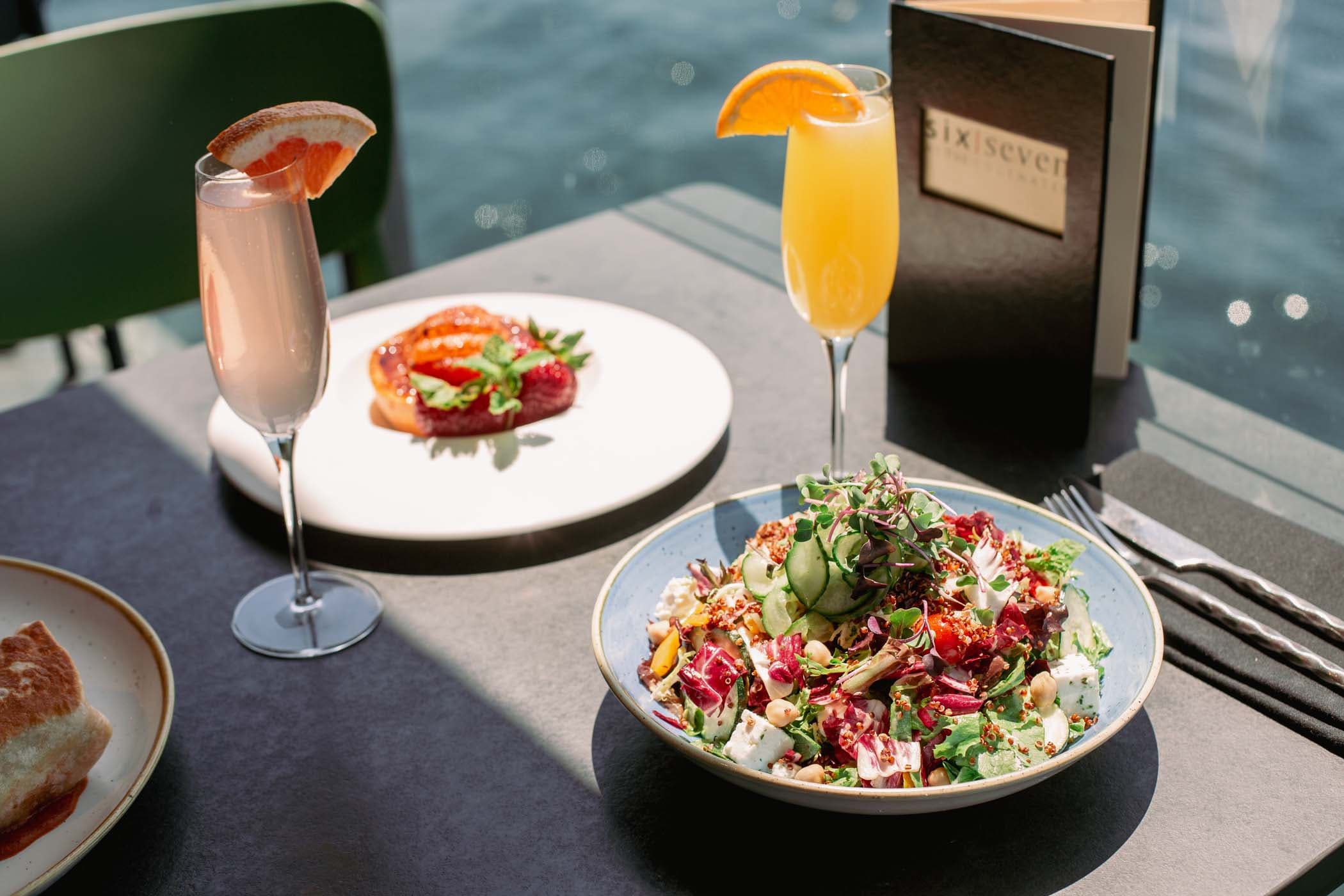 2 bright dishes and 2 fruity beverages at Six Seven