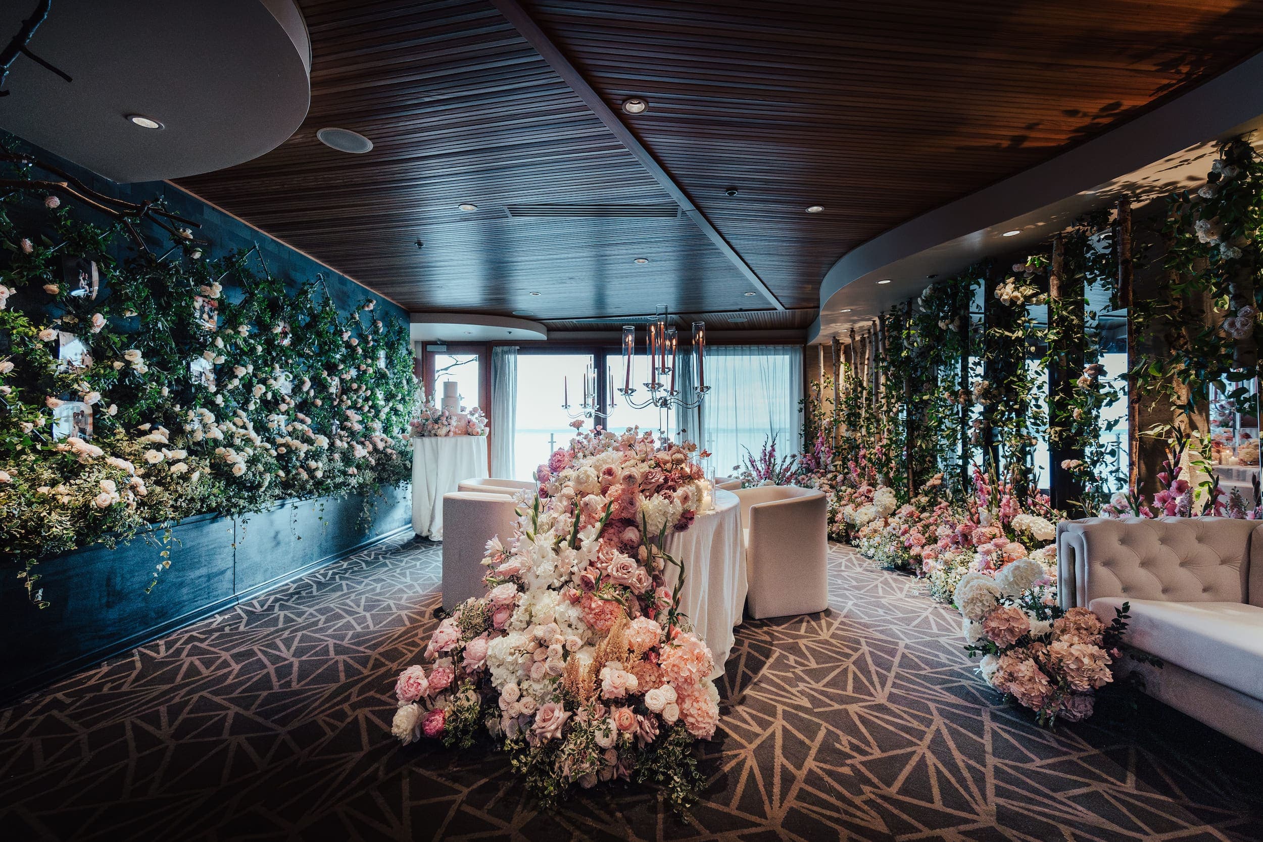 A gorgeous room filled with flowers from floor to ceiling at Edgewater