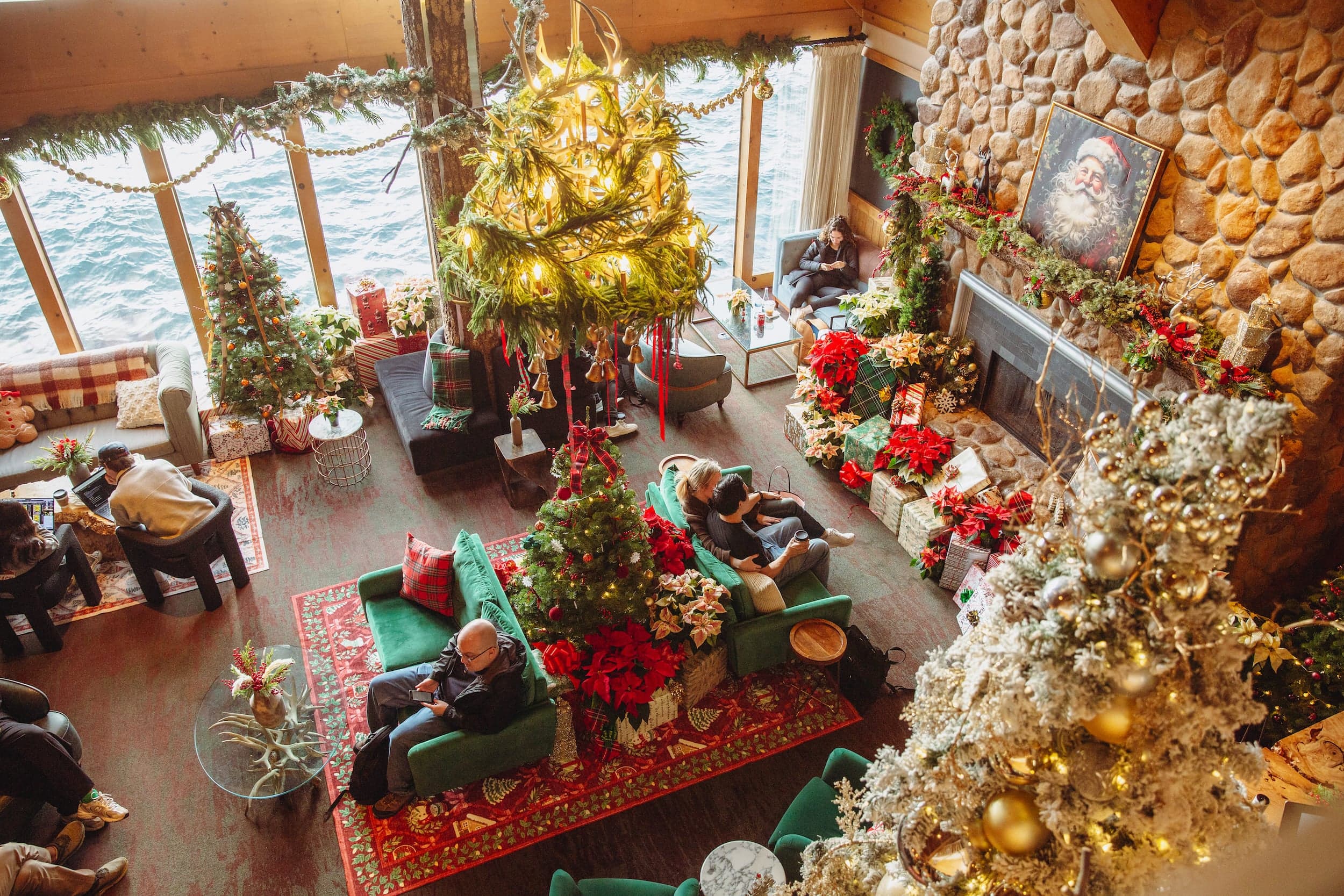 The lobby decorated with Xmas decorations from floor to ceiling at Edgewater