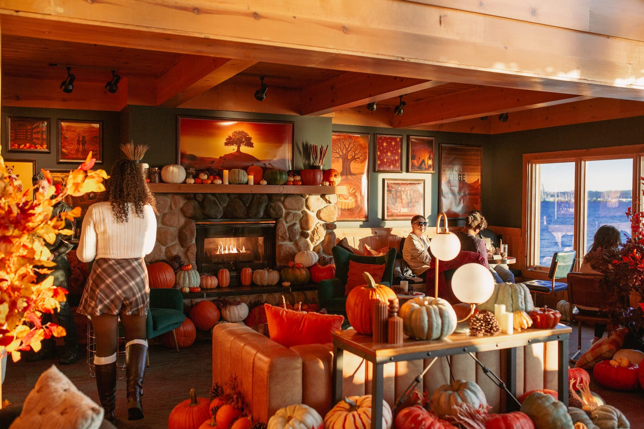 The lobby decorated floor to ceiling with autumn inspired decorations