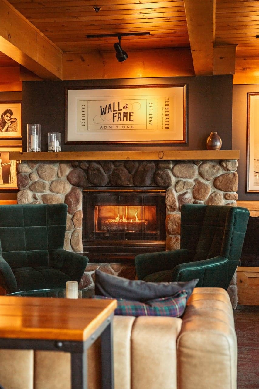 The lobby fireplace and wall of fame at Edgewater