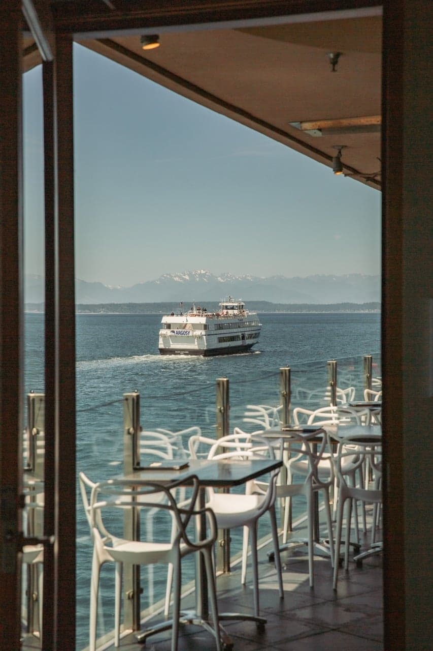 A ferry on the water visible from The Edgewater hotel