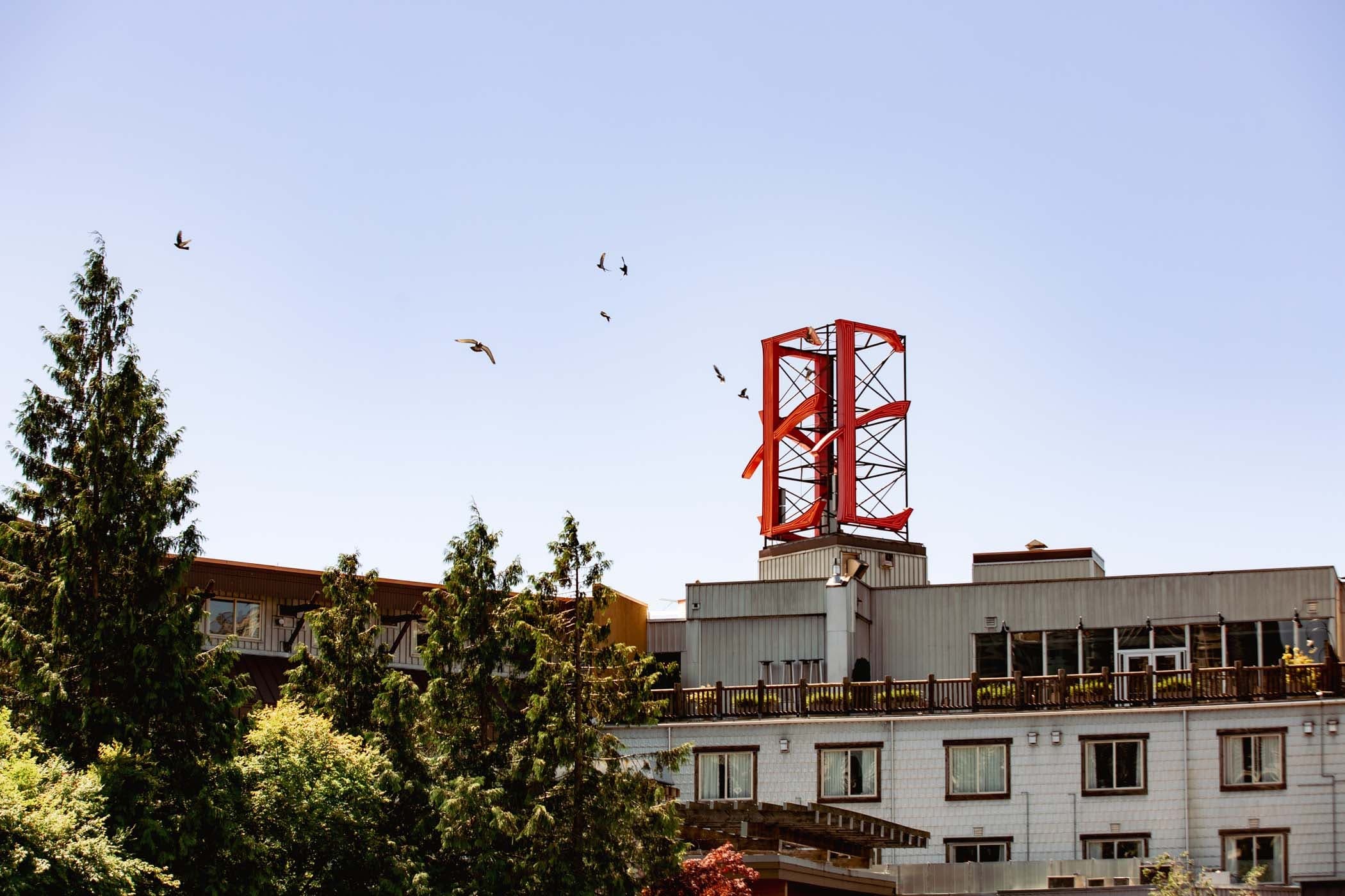 The rooftop of Edgewater showcasing the logo in its sign