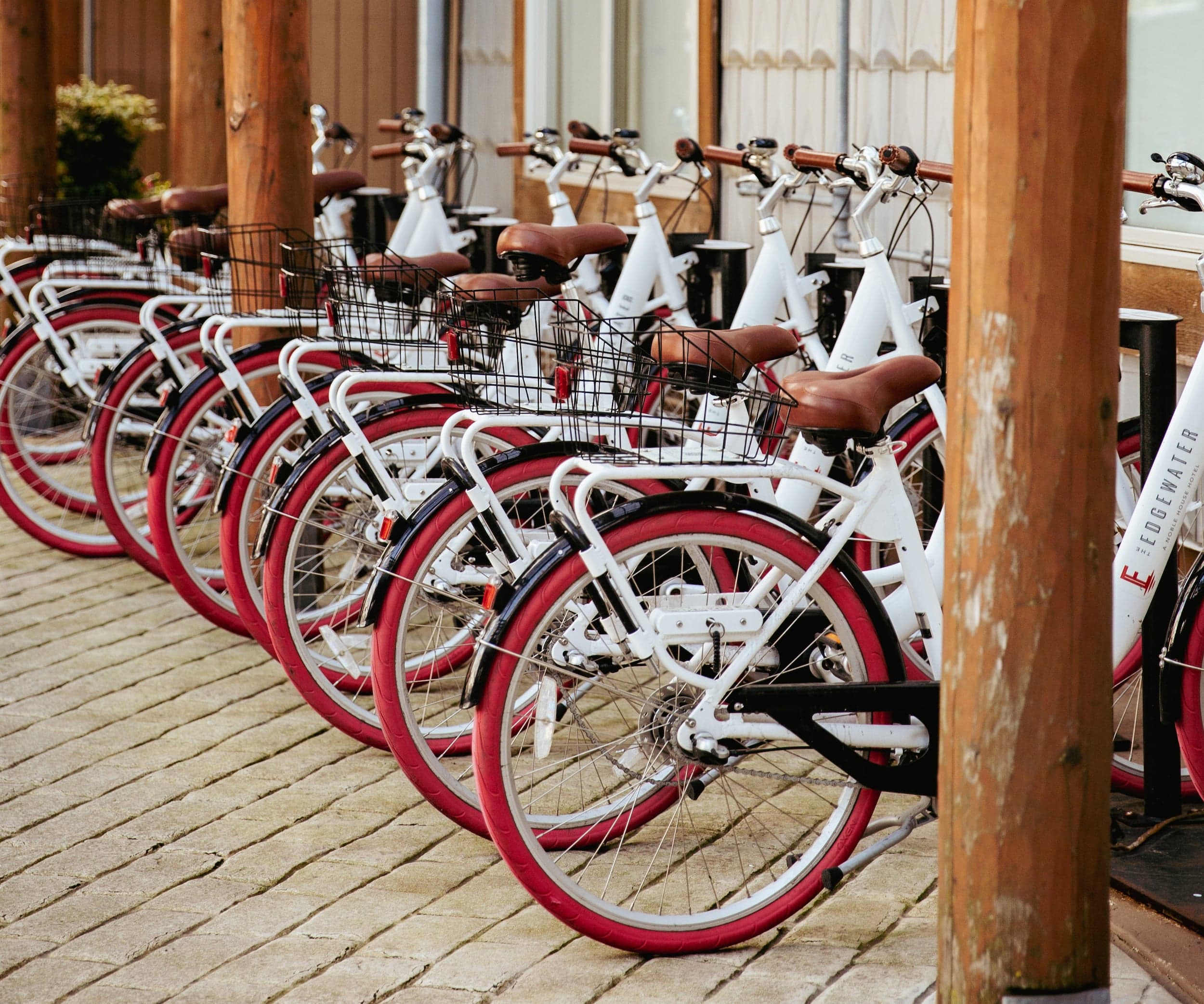 A row of Edgewater bikes outside Edgewater