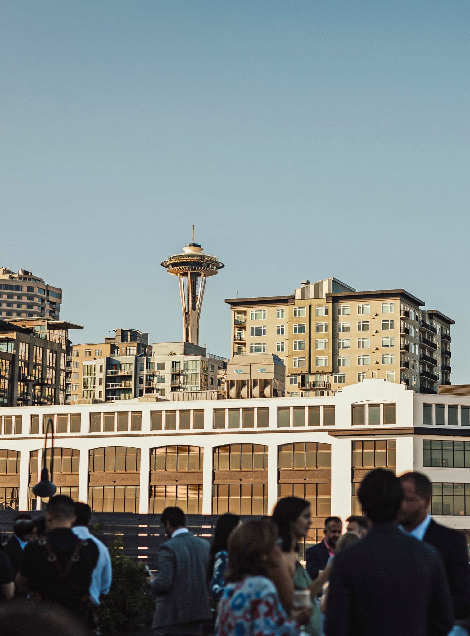 A view of the Space Needle from a hotel patio.